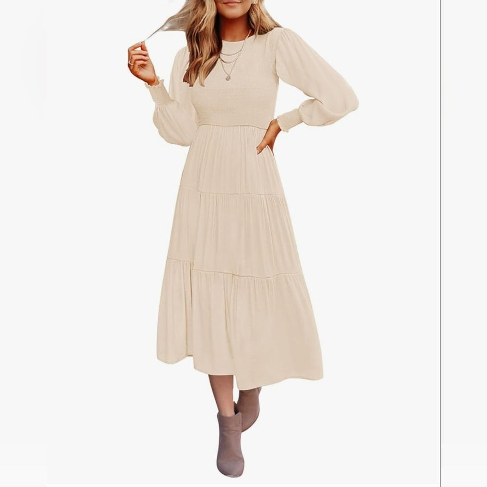 ZESICA Women's Casual Long Sleeve Crew Neck High Waist Smocked Flowy Tiered Midi